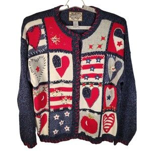 VTG Hearts Valentine Cardigan Sweater LARGE Heirloom Collectibles Americana
